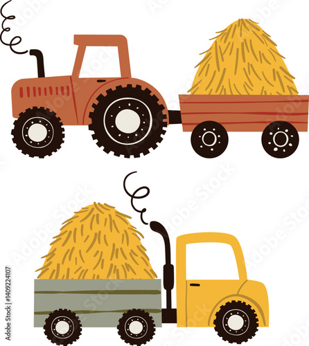 Vector illustration in flat children's style featuring a farm tractor with a hay trailer and a truck on a white isolated background. Perfect for kids' prints, books, games, and educational materials.