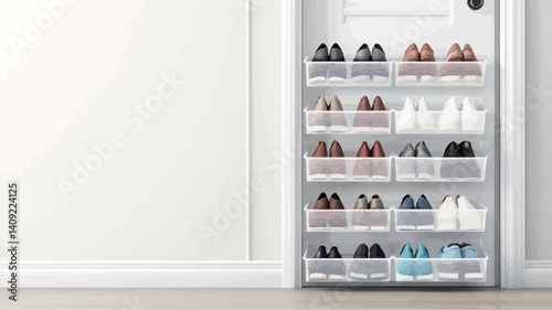 A vertical, slim shoe rack with five levels of mesh compartments is shown positioned next to a closed white door.  The rack is predominantly white and light gray in color