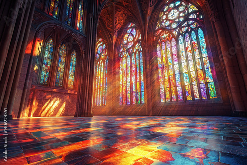 Gothic architecture with light-filled stained glass windows casting vivid patterns inside church