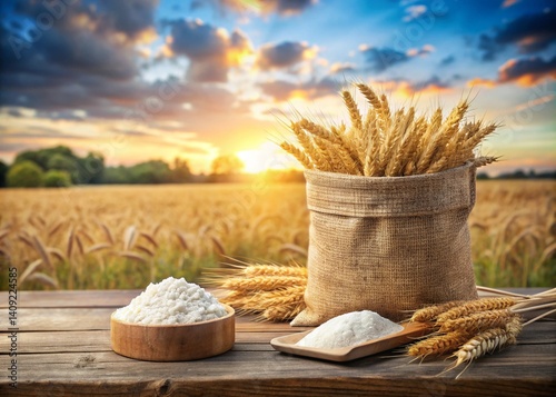 Ears Of Wheat And Flour In Bag On Table With Ripe Cereal Field