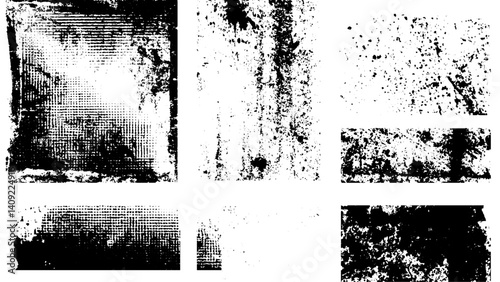 Set Of grunges, Black and white abstract splatter color on wall background. Textured paint drops ink splash grunge, White powder isolated on black background, top view with clipping path