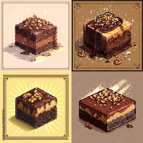 Set of four pixel art-style chocolate brownies topped with nuts and rich layers, perfect for dessert menus, food illustrations, bakery branding, and sweet-themed digital content.

