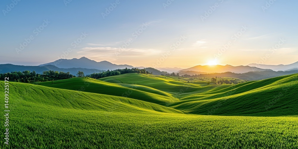 Obraz premium Breathtaking sunset over rolling green hills and mountains in the distance.