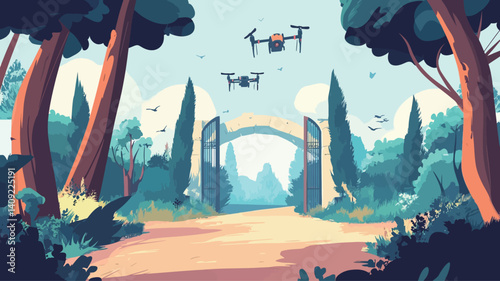A digital illustration depicting a whimsical scene of two drones flying over an arched gateway in a park-like setting. The style is cartoonish, with bold colors and simplified forms. 