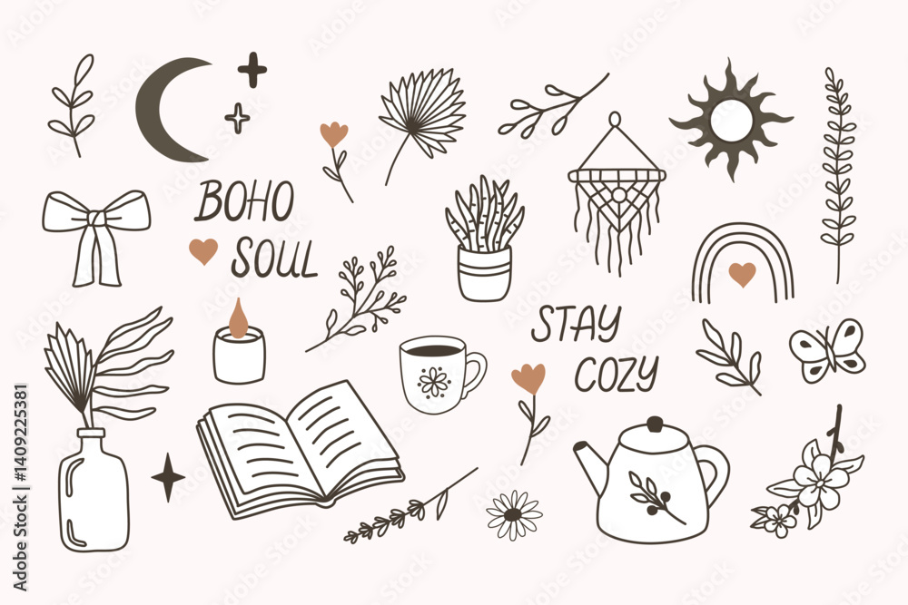 Fototapeta premium Boho vector set with cozy elements: teapot, book, candle, plants, rainbow, sun, moon, macrame, and lettering