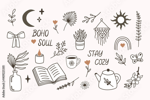 Boho vector set with cozy elements: teapot, book, candle, plants, rainbow, sun, moon, macrame, and lettering "Boho Soul" and "Stay Cozy". Perfect for design and decoration.