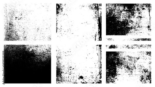 Set Of Grunges, White Grunge on Black Background for Overlay. Blank grained film strip texture background with heavy grain, dust and light leak