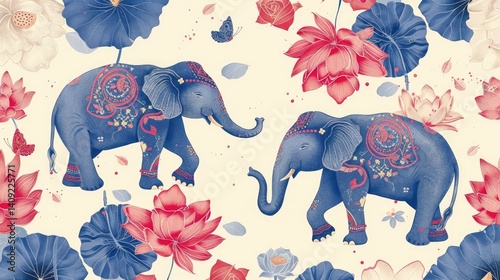 a cute lao, thai themed pattern backround, include in the pattern elephants, lotus and other asian style flowers, temples, and other lao, thai themed items