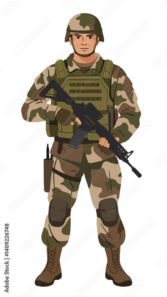 Fototapeta premium Animated Military Character in Tactical Uniform Holding Gun - Army Infantry Defense Gear Illustration