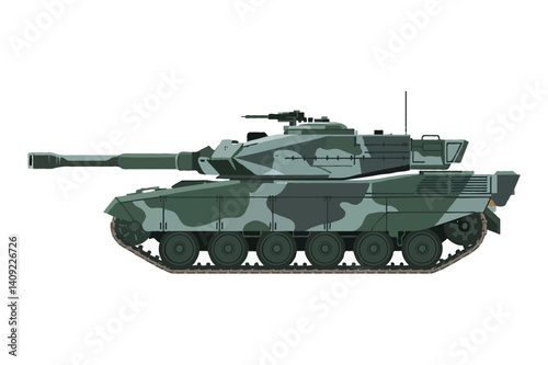 2D Vector Graphics Illustration: Camouflaged Armored Tank - Modern Warfare Technology and Military Defense