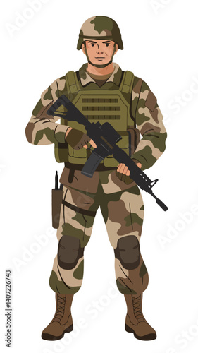 Animated Military Character in Tactical Uniform Holding Gun - Army Infantry Defense Gear Illustration