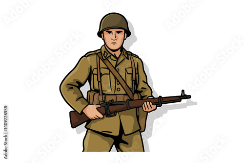 Military Animation of a Brave Soldier: Army Uniform & Weapon Illustration in Combat Vector Artwork
