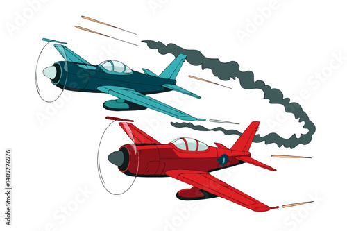 Dynamic Fighter Aircraft Illustration: Red and Blue Smoke Stunts in an Exciting Aerial Airshow 
