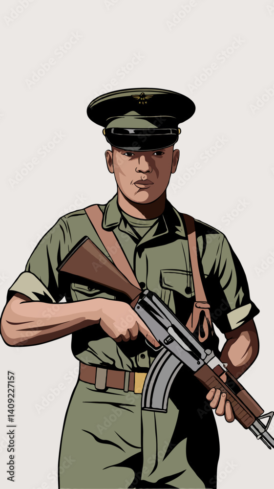Fototapeta premium Military Soldier with Rifle: Army Uniform and Weapon Training in Modern Combat and Defense Operations