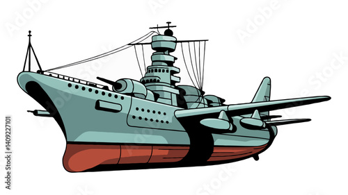 Cartoon Battleship Illustration: Military Naval Weaponry and Maritime Adventure Design