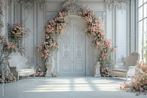 Maternity backdrop, wedding backdrop, photography background with delicate flowers and big bright window.