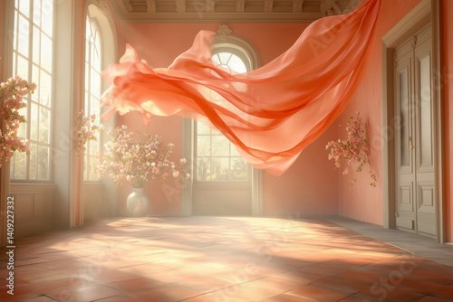 Maternity backdrop, wedding backdrop, photography background with delicate flowers and flying flowy fabric.