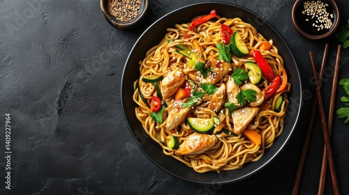 Delicious stir-fried noodles with chicken and colorful vegetables on a dark textured surface