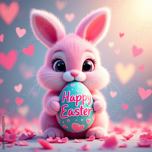 Adorable Pink Easter Bunny Holding a Happy Easter Egg