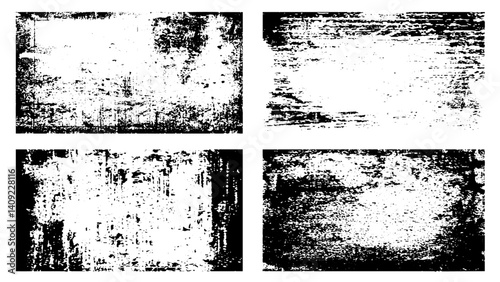 set Of Grunge, Black and white dust and Scratched Textured Backgrounds with space. Rough grunge border overlay with paint roller marks and worn texture on transparent background