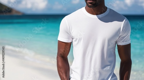 Serene Beachside Silhouette: A well-built man, framed against the backdrop of a pristine sandy shore and calm, turquoise waters, emanates a sense of tranquility and relaxed confidence.