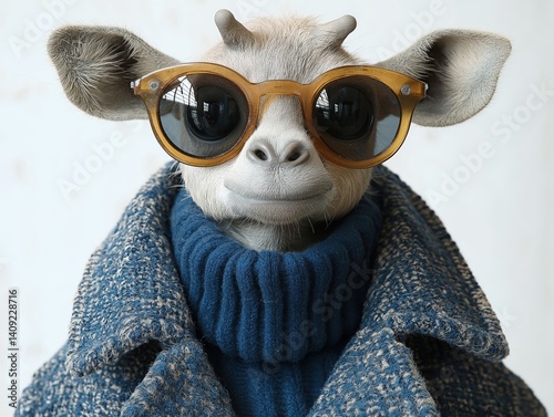 Whimsical Giraffe Fashion: Funny Stylish Animal in Sunglasses and Fur Coat Portrait photo