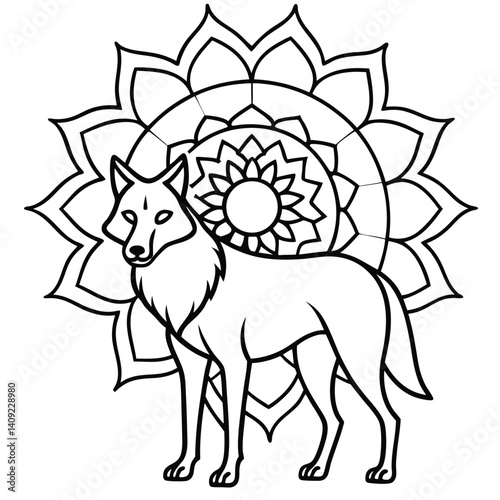 A cute cartoon vector illustration shows a brown horse with a flower and a black wolf silhouette near a white horse