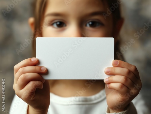 Child Holding Blank Card - Studio Portrait Highlighting Innocence, Simplicity, and Creativity