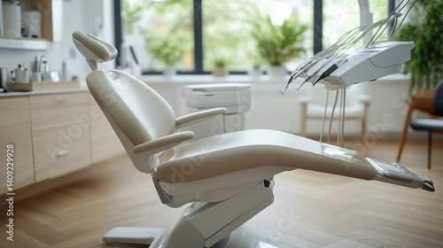 Modern dental office interior featuring a comfortable examination chair and natural light in a bright, spacious environment