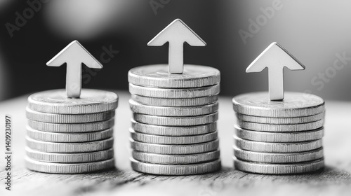 Coins and Arrows Stacked on Black and White Background: A Visual Representation of Financial Growth, Investment Strategy, and Wealth Increase
