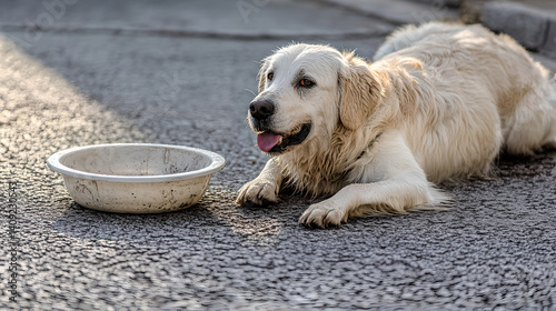 A panting Golden Retriever lies on a paved surface next to an empty water bowl, likely feeling warm under the sunlight