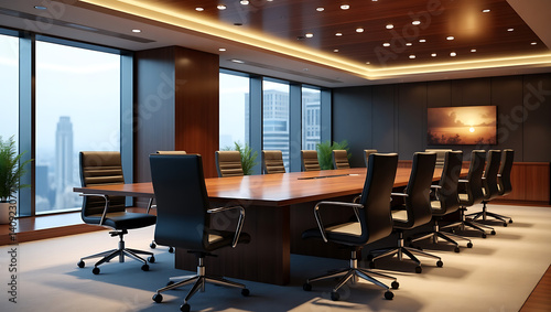 Optimized Conference Room for Team Collaboration: Modern Boardroom with City View and Contemporary Design