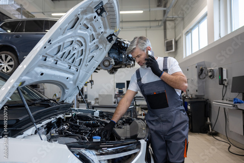 Engineer in workshop using mobile device for communication while working on vehicle engine fixing