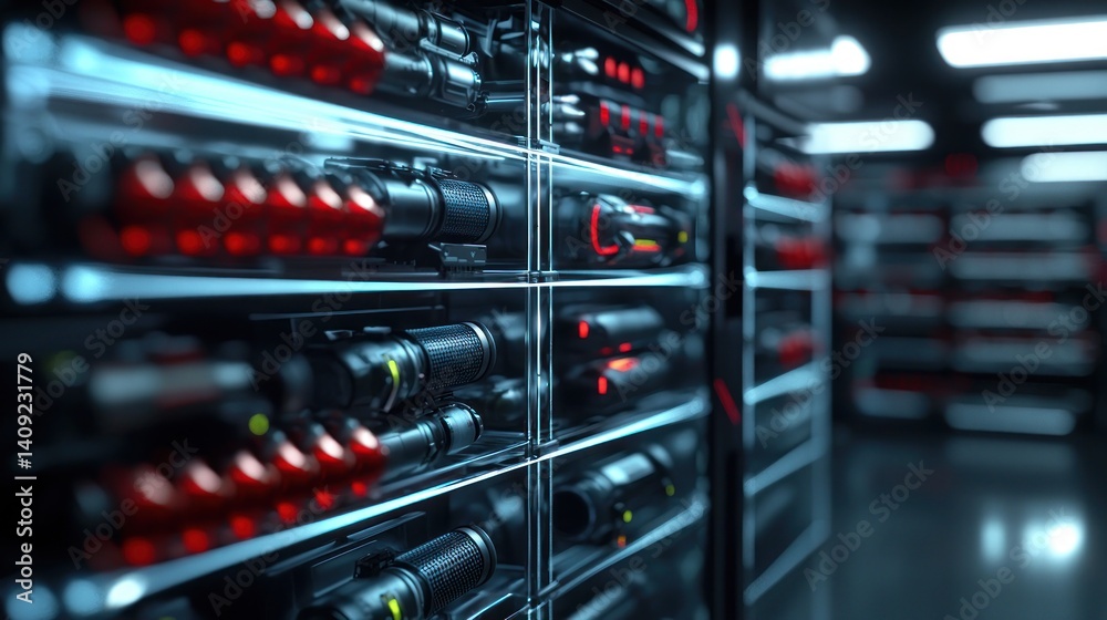Server racks in data center, illuminated components, modern design, and technology Server racks in data center, illuminated components, modern design, and technology