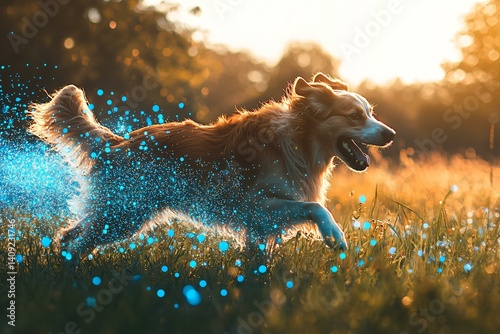 a dog running in a field with blue digital particles trailing behind, joyful energy, natural sunlight and futuristic motion effect