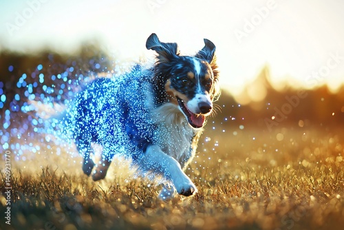 a dog running in a field with blue digital particles trailing behind, joyful energy, natural sunlight and futuristic motion effect