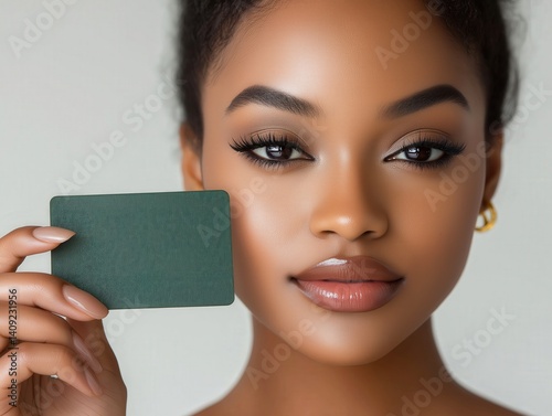 Beautiful Ethnic Model with Black Hair and Radiant Skin Holding Credit Card in Professional Studio Portrait
