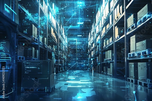 a warehouse with steel shelves and crates, with soft blue tech particles and circuit lines tracing through the air, digital logistics visualization