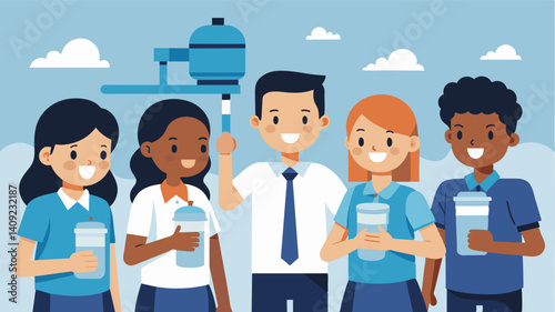 A group of students confidently demonstrate their invention of a water filtration system that can remove contaminants in rural communities.. Vector illustration