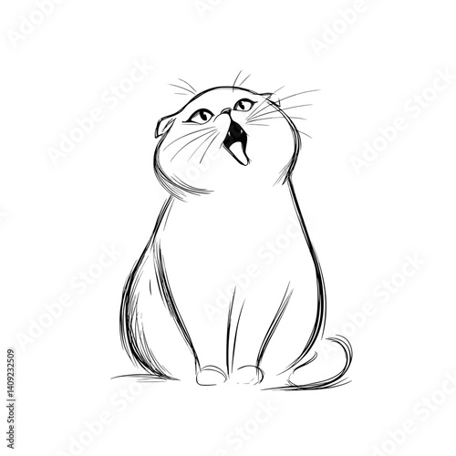 Cartoon Scottish-fold cat meowing in playful pose against simple background  