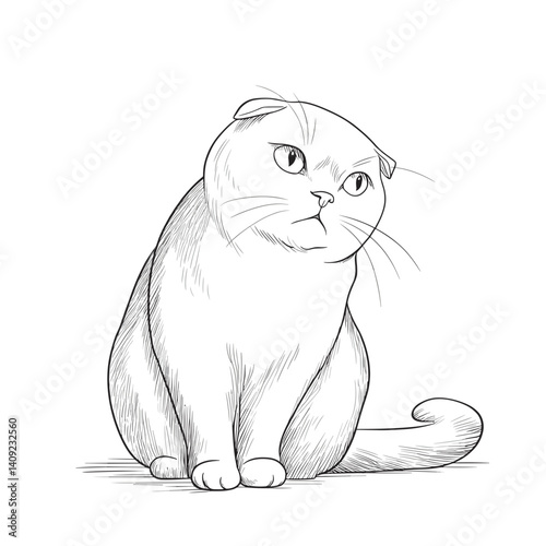 Cartoon Scottish-fold cat looking annoyed in sketch style against white background  