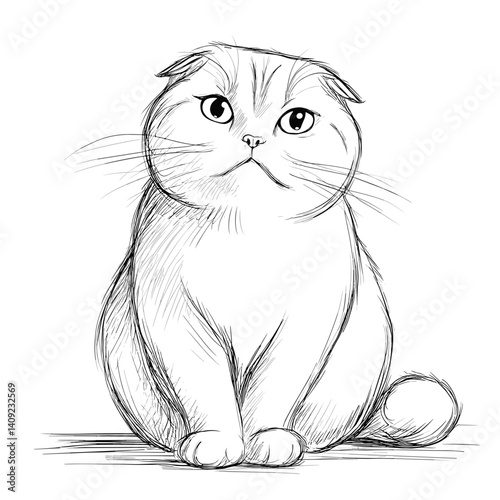 Cute Scottish Fold Cat Sketch Sitting on White Background  