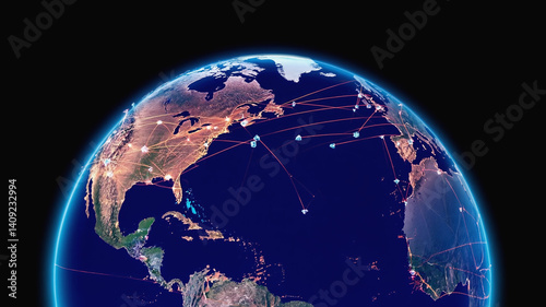 Interconnected world network represented on a vibrant earth globe visual