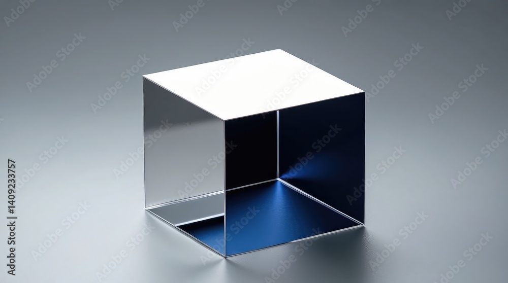 Paper cutout of floating cube shaped hologram with empty center deep navy and muted silver symbolizing digital product marketing Paper cutout of floating cube shaped hologram with empty center deep navy and muted silver symbolizing digital product marketing