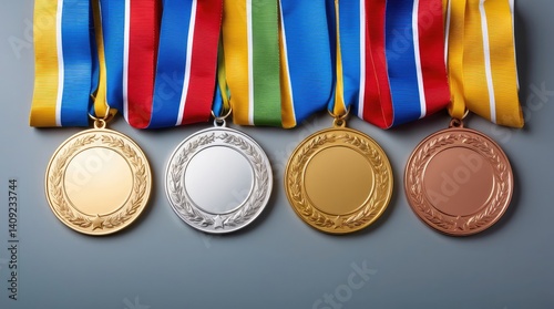 Gold silver bronze medals with ribbons. Award winners, champions, success concepts on gray backdrop. Symbol of victory, reward. Championship prize for first second third place.