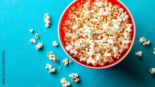 Top down shot of a red bucket of popcorn on a bright turquoise background with a few kernels spilled