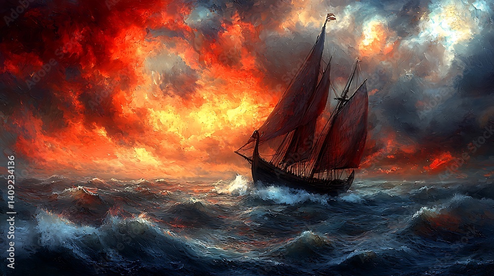 Obraz premium Sailing Ship Navigating Stormy Sea with Red Sails Under Dramatic Sky