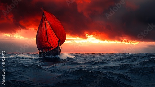 Sailboat with Red Sails Navigating Rough Seas During a Dramatic Sunset