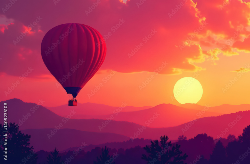 Fototapeta premium Majestic hot air balloon at sunset over serene mountain landscape
