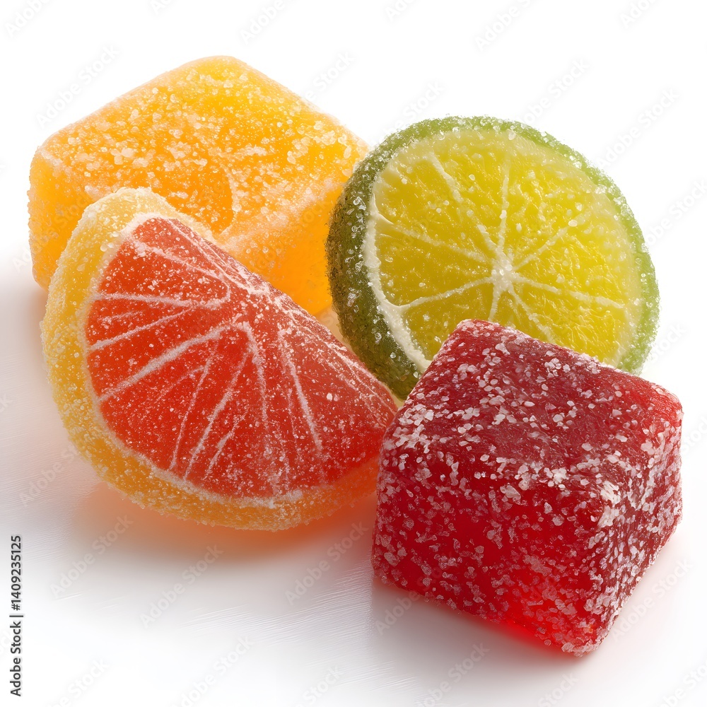 Assorted fruit flavored gummy candies close up view isolated on white background Assorted fruit flavored gummy candies close up view isolated on white background